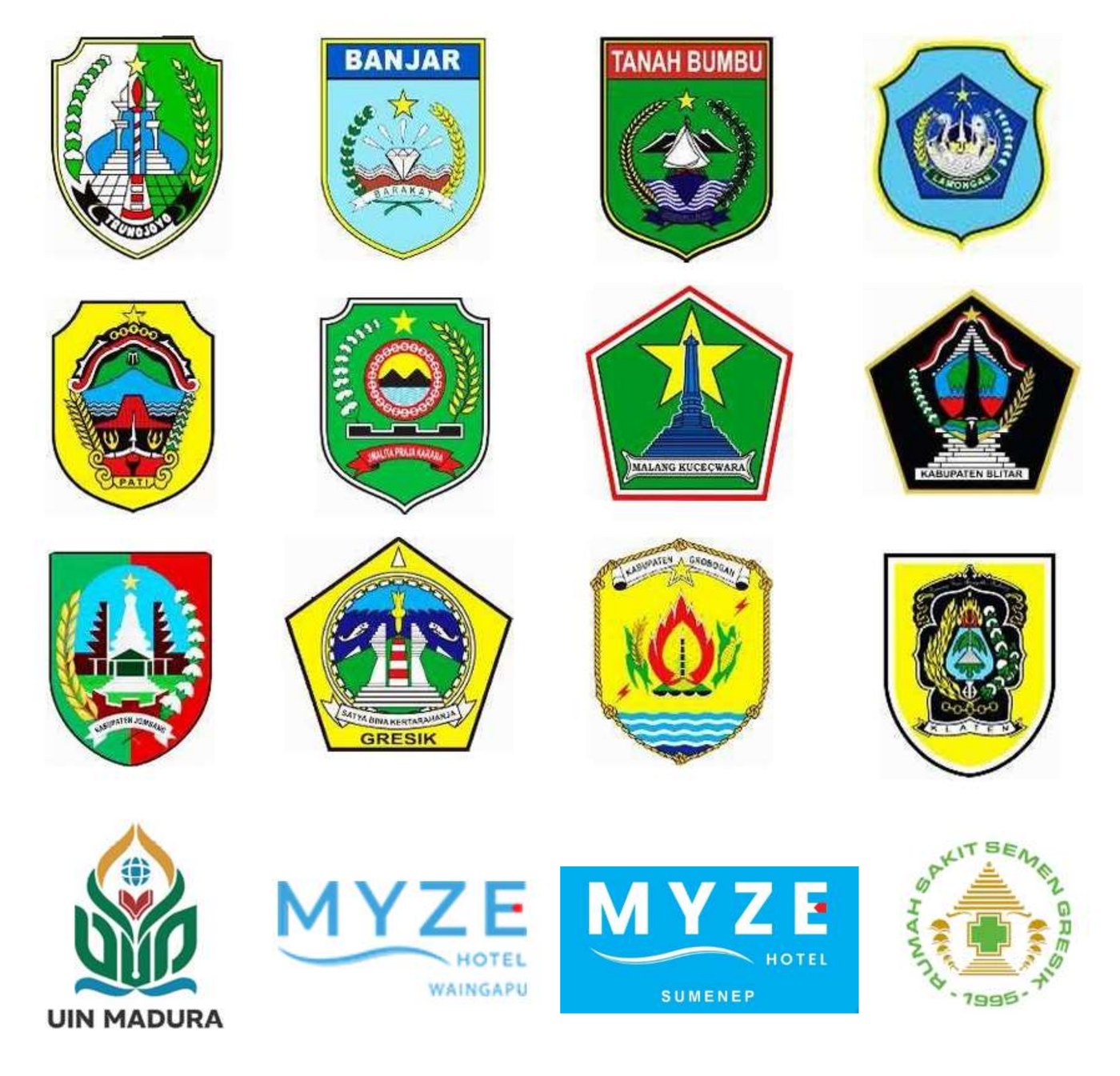 Logos of regional government institutions, hospitals, hotels, and universities served by PT Microcel Pole Indonesia