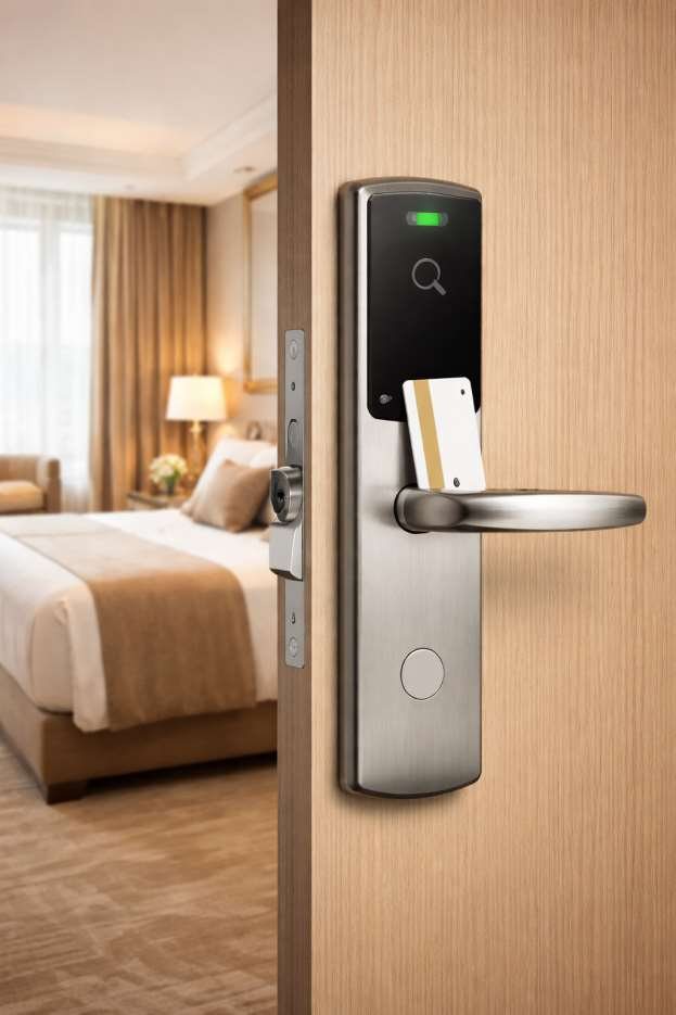Smart door lock with card access installed on a guest room door