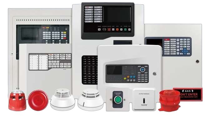Addressable fire alarm control panels with detectors, sounders and manual call points
