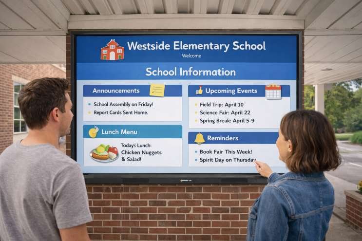 Interactive flat panel showing school information, announcements and schedules